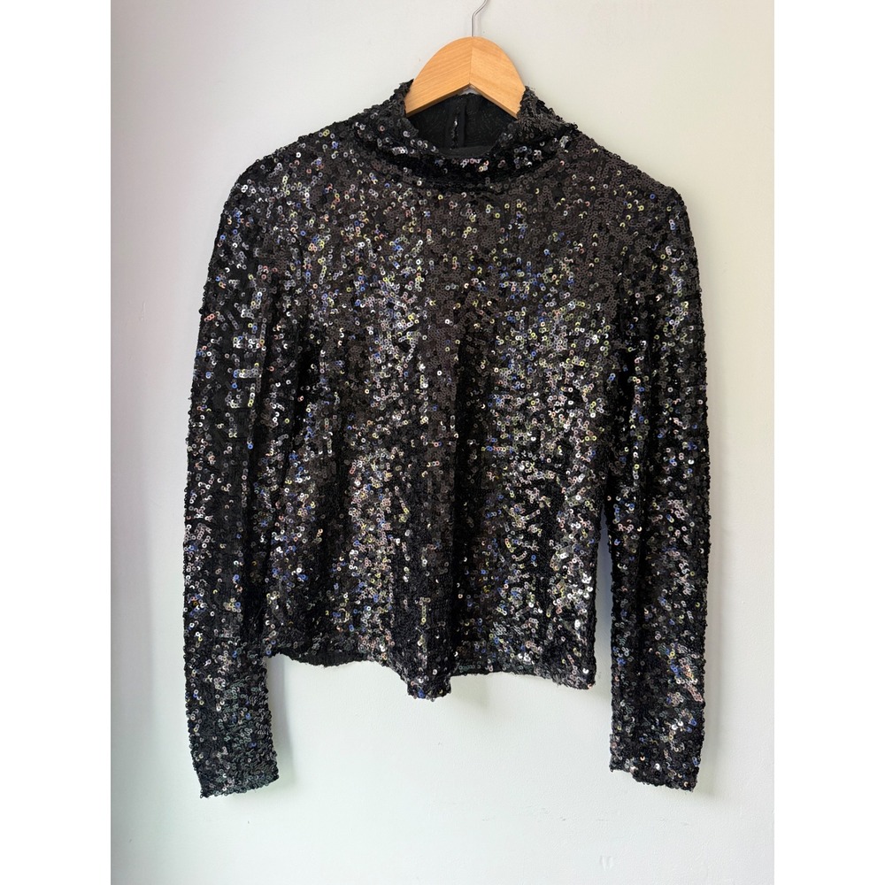 Intimately Free People Black Sequin Mock Neck Long Sleeve Top Small P event chic